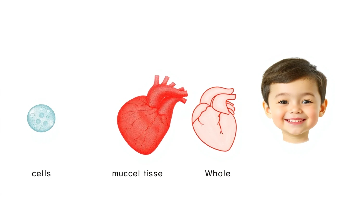 Cell, tissue, organ and body, side by side