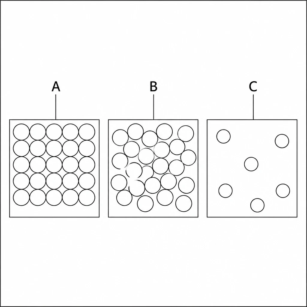 Particle diagrams of a solid, a liquid and a gas