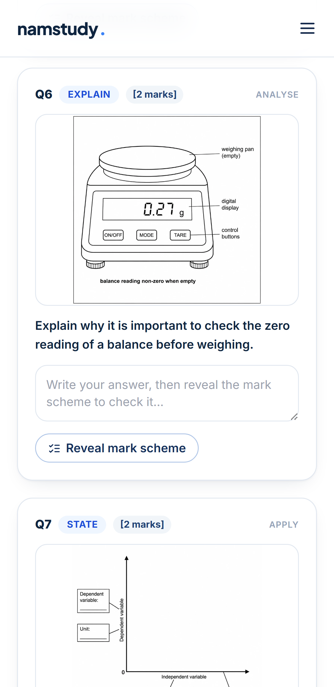 Practice question with mark scheme, on a phone
